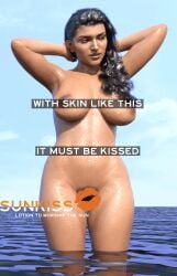 3d 3d_(artwork) advertising areola areolae breasts casual dark_skin dazdardly female hands_behind_head human ineffective_censorship naked naked_female nudist pubic_hair water