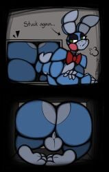 2024 3_toes annoyed anthro ass balls big_butt black_eyelids black_nose blue_body blue_fur bow_tie bow_tie_only butt_heart cheek_tuft crossed_arms directional_arrow english_text facial_tuft feet femboy five_nights_at_freddy's five_nights_at_freddy's_2 fur genitals green_eyes half-closed_eyes hi_res kneeling lagomorph leporid long_ears male mammal mostly_nude multicolored_body multicolored_fur narrowed_eyes nude_anthro nude_male pillow_shading rabbit rabbit_ears rear_view red_bow_tie scottgames side_view small_tail solo stuck stuck_in_vent tail text thfooxxir thick_thighs through_wall toes toy_bonnie_(fnaf) tuft vent whisker_spots white_balls white_body white_fur