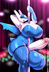 ai_generated arms_up busty_boy fishnet_legwear futa_monster futanari huge_breasts huge_butt hyper_balls hyper_penis intersex latios nightclub novelai pokemon pokemon_(species) precum precum_drip sibal123 stripper_pole sweat thick_thighs