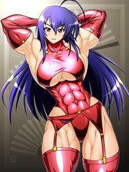 abs ahoge biceps breasts elbow_gloves extreme_muscles female kurokami_medaka latex long_hair medaka_box muscle muscular_female open_mouth purple_hair red_eyes ren_(tainca2000) smile solo