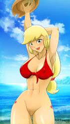 abs applejack_(eg) applejack_(mlp) beach bikini_top blonde_hair boobieboom bottomless bottomless_female breasts cowboy_hat equestria_girls erect_nipples erect_nipples_under_clothes freckles friendship_is_magic green_eyes my_little_pony my_little_pony_equestria_girls my_little_pony_friendship_is_magic pussy red_bikini red_bikini_top stetson vulva