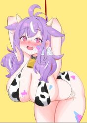 1girl arms_above_head arms_tied bent_over blush bodypaint cleavage cow_horns cow_print cow_print_bikini cowbell large_breasts mono_monet o6k6s petalight purple_hair skin_fang skindentation solo twintails v4mirai virtual_youtuber vtuber