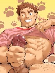 1boy abs autofacial bara bottomless brown_hair cleft_chin come_hither cowboy_shot crotch cum cum_on_body cum_on_self facial grin highres inukai_tsuyoshi large_pectorals lifting_own_clothes looking_at_viewer male_focus male_masturbation male_pubic_hair masturbation mature_male muscular muscular_male navel paw_print paw_print_background pectoral_cleavage pectorals penis pink_shirt precure pubic_hair shirako_(kirupi) shirt short_hair shredded_muscles smile solo spread_legs thick_leg_hair tsuyoshi_inukai wonderful_precure!