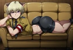 1boy ai_generated armband blackwhiplash_(style) blonde_hair cat_ears catboy civitai couch exposed_torso fat_ass femboy hellsing laying_down male male_focus male_only nazi schrodinger shorts smile solo thick_thighs