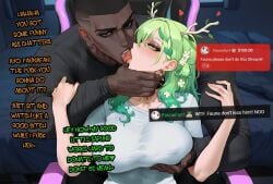 1boy 1girls ai_generated aipotions big_breasts blush ceres_fauna color dark-skinned_male dark_skin english_text female grabbing_breasts green_hair hand_on_breast hi_res hololive hololive_english interracial large_breasts light-skinned_female light_skin livestream long_hair male male/female muscles muscular muscular_male netorare ntr text thick_thighs tongue_kiss tongue_out virtual_youtuber yellow_eyes