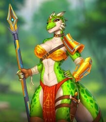 1girl 1girls anthro anthro_female belt belt_buckle belt_collar big_breasts bra claws collar eyelashes fangs female female_focus female_only female_warrior furry furry_breasts furry_female gold_bra green_body horns horny horny_female huge_breasts humans_are_not_that_against_lizardwomen lizard lizard_girl lizard_humanoid metal_bra muscular muscular_anthro muscular_arms muscular_female necklace original original_art original_artwork original_character original_characters original_female_character piercing piercings reptile reptile_girl scales scalie scalie_female smirk solo solo_female spear tagme tail veinte video_game video_game_character video_games warrior yellow_eyes