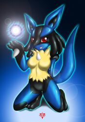 1girls 2012 anthro female female_anthro female_lucario female_only fur furry furry_female kneeling looking_at_viewer lucario mn_xenx nintendo nude pokemon pokemon_(species) red_eyes simple_background solo