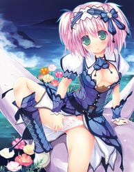 2012 bnahabra_(armor) boots bow bow_panties breasts capcom female flower green_eyes hairband headband kizuki_erika monster_hunter monster_hunter_portable_3rd nipples panties parted_lips pink_hair sitting skirt solo spread_legs tied_hair twintails underwear white_panties wrist_cuffs