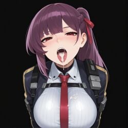 after_fellatio ai_generated blush corset cum cum_in_mouth cum_on_breasts girls'_frontline girls'_frontline_2:_exilium half_up_braid huge_breasts kao140522 long_hair makiatto_(girls'_frontline_2) open_jacket open_mouth ponytail purple_hair red_eyes red_necktie sweat teeth tongue tongue_out wa2000_(girls'_frontline) white_corset