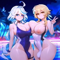 1girls 2girls ahoge ai_generated asymmetrical_docking bangs bare_shoulders blonde_hair blue_eyes blue_swimsuit blush breast_press breasts breasts_outside bug bulge_through_clothing butterfly choker cleavage covered_navel crossed_bangs erection eyebrows_visible_through_hair furina_(genshin_impact) futanari genshin_impact hair_between_eyes hair_ornament highleg insects large_breasts long_hair looking_at_viewer lumine_(genshin_impact) multiple_girls night night_sky nipples one-piece_swimsuit outdoors palm_tree penis pool poolside racerai short_hair sky smile star_(sky) starry_sky swimsuit tree wristband yellow_eyes