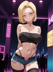 1girls ai_generated android_18 bare_shoulders belly_button blonde_hair blue_eyes blush breasts cityscape covered_nipples cowboy_shot denim_shorts dragon_ball dragon_ball_z earrings erect_nipples female hands_behind_back heart heart_belt heart_choker highleg_panties indoors large_breasts looking_at_viewer midriff navel neon_lights night nightclub notreallyhere parted_lips people_in_background pockets short_hair shorts silhouette skindentation smile thighhighs thong tubetop