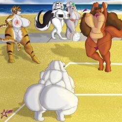 5girls absurd_res anthro ass ball barefoot beach big_breasts big_butt bovid breasts canid canid_demon canine canis caprine clothing completely_nude completely_nude_female cosmosarts crouching demon disney dreamworks erect_nipples felid female female_only five_nights_at_freddy's five_nights_at_freddy's:_security_breach full_body genitals goat gossip group hellhound helluva_boss hi_res jumping kanga kangaroo kung_fu_panda loona_(helluva_boss) macropod mammal marsupial master_tigress mature_female mythological_canine mythological_creature mythology naked naked_female nipples nude nude_beach nude_female pantherine roxanne_wolf sagging_breasts sand scottgames sport squatting steel_wool_studios swimwear taking_picture thick_thighs tiger toriel undertale undertale_(series) volleyball volleyball_(ball) wide_hips winnie_the_pooh_(franchise) wolf