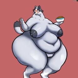 anthro ass australian_shepherd belly big_butt bluey_(series) blush body_blush breasts canid canine canis domestic_dog eating eating_food female genitals herding_dog hi_res huge_thighs hyper hyper_thighs laika_2 mammal nude obese overweight pastoral_dog pussy pussy_blush sheepdog snack snack_food solo thick_thighs trixie_heeler