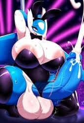 ai_generated armpits bunny_girl bunnysuit cum cumshot ejaculation futanari hands-free huge_breasts huge_butt hyper_balls hyper_penis intersex latios nightclub novelai pokemon pokemon_(species) pole_dancing sibal123 spread_legs stripper_pole sweat thick_thighs