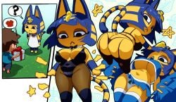 1boy 1girl 1girls :< ? animal_crossing animal_ears animal_tail ankh ankha ankha_(animal_crossing) anthro ass bangs black_eyes blue_eyes blue_hair blue_skirt blue_thighhighs blunt_bangs blush bob_cut bow bowtie box breasts brown_hair cat_ears cat_girl cat_tail cheerleader chibi cleavage clothing colored_skin coolerinker domestic_cat doubutsu_no_mori egyptian egyptian_clothes felid feline felis female footwear fur furry furry_female gift gift_box hair_ornament holding huge_ass inker_comics inkershike large_breasts legwear leotard looking_at_viewer male mammal multiple_views navel nile_(doubutsu_no_mori) pantsu playboy_bunny pom_pom_(cheerleading) shirt short_hair skirt snake_hair_ornament speech_bubble standing star_(symbol) strapless strapless_leotard striped striped_tail tail thick_thighs thighhighs thighs underboob underwear upskirt villager_(doubutsu_no_mori) white_panties yellow_body yellow_fur