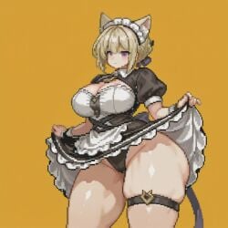 ai_generated big_ass big_breasts blonde_hair boob_window breasts cat_ears cat_tail evelyn_chevalier holding_skirt maid maid_outfit maid_uniform milf panties pixel_art pixelated purple_eyes saiyunnart short_hair showing_ass simple_background thick_ass thick_thighs thigh_strap thighs zenless_zone_zero