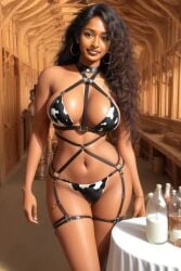 ai_generated bare_shoulders bottle breasts brown_body brown_skin celebrity cleavage cow_print dark-skinned_female dark_skin hucow human_cattle human_livestock indian indian_female kaaviya_sambasivam lactation milk real_person realistic sex_slave slave tagme thick_thighs thighs