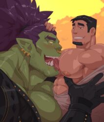 2boys bara bara_tiddies bara_tits big_breasts big_chest big_pecs gay green_body green_skin kartos licking_chest male male/male male_only orc size_difference