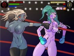 2girls big_breasts blizzard_entertainment blonde_hair blue_skin boxing female green_hair lactation night_elf nude purple_skin sylvanas_windrunner tyrande_whisperwind undead undead_(warcraft) warcraft world_of_warcraft