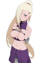 1girls bare_shoulders blonde_hair blush bra_lift breasts breasts_out clothes_lift crop_top earrings fishnets hands_on_own_chest ino_yamanaka kunoichi medium_breasts midriff morisobo naruto naruto_(series) naruto_shippuden nipples open_clothes ponytail presenting_breasts stomach