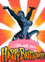 2012 anthro big_breasts blue blue_eyes bomba breasts cake candle claws female lizard looking_at_viewer lordstevie messy navel nipples nude pose reptile scalie scar smile solo tattoo thighs voluptuous wide_hips