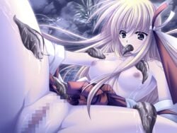 blonde_hair blue_eyes body_invasion censored japanese_clothes kagura_douchuuki miko nazuna_raidou nipples ribbon slugs spread_legs yamamoto_kazue