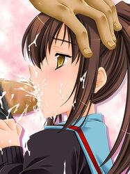 beige_skin brown_eyes brown_hair censored clothes color cum cum_in_mouth cum_on_hair fellatio female hair hand_on_head highres human kyon kyonko long_hair male open_eyes oral penis ponytail round_ears rule_63 saliva school_uniform serafuku shoes side_view sucking suzumiya_haruhi_no_yuuutsu tan_skin thighhighs tied_hair