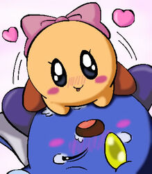 1boy 1girls blush cute female_split_kirby hair_ribbon heart kirby kirby:_right_back_at_ya! kirby_(series) lowres male/female meta_knight nintendo oekaki ribbon salt_(artist) straight waddling_head yellow_eyes