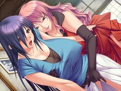 aoi_nagisa_(artist) blush breast_grab brown_eyes cleavage dress elbow_gloves female fingering game_cg houjou_miyoko huge_breasts kitada_yuriko long_hair looking_down milf multiple_girls okaa-san_ga_ippai open_mouth pink_hair purple_hair red_eyes smile standing yuri