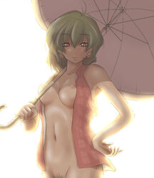 backlighting bottomless breasts breasts_apart clothes color earrings female female_only front_view green_hair hand_on_hip hips jewelry naked_shirt naked_vest nipples no_bra no_panties nude open_clothes open_shirt open_vest parasol plaid plaid_vest pubic_hair red_eyes short_hair simple_background smile solo touhou umbrella vest youkai yuka_kazami