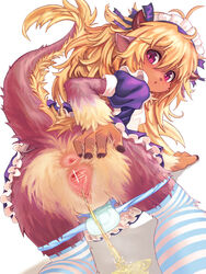 animal_ears anus ass blonde_hair censored chikokuma clothing curly_hair detailed_pussy female footwear fur furry horns huge_pussy kneeling long_hair looking_at_viewer maid monster_girl panties panties_down panty_pull peeing purple_eyes pussy simple_background socks solo spread_anus spread_legs spread_pussy striped striped_legwear striped_thighhighs tail tail_anus thighhighs underwear