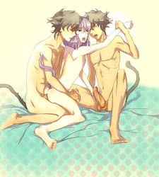 3boys anal animal_ears cat_ears catboy closed_eyes cry cum curled_toes double_handjob fangs futanari grab group_sex gundam gundam_00 handjob intersex male multiple_boys multiple_penises nude open_mouth pale pale_skin penis precum purple_hair setsuna_f_seiei sex spread_legs sweatdrop tail tears threesome tieria_erde toe_scrunch two_on_one uncensored yaoi