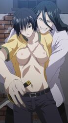 1boy 1girls artist_request black_hair breasts breasts_out cap dogs:_bullets_&_carnage edit fuyumine_magato fuyumine_naoto knife long_hair scar screencap short_hair stitched struggle torn_clothes weapon yellow_eyes