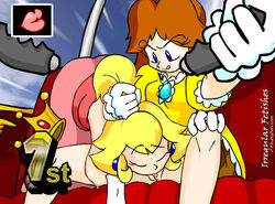 1st 2girls blonde_hair blue_eyes bottomless breasts brooch brown_hair closed_eyes crown cunnilingus dress earrings female female_only femdom gloves hair hair_grab human irregular_fetishes licking_pussy lips looking_at_another mario_(series) mario_kart multiple_girls nintendo nipples oral ponytail princess_daisy princess_peach pussy shoulder_length_hair straight_hair tied_hair tongue tongue_out topless yuri