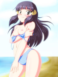 beach bikini black_eyes black_hair blue_hair blush breasts breasts_out dawn_(pokemon) exposed_breasts female female_only hair_ornament hairclip highres human human_only long_hair nintendo nipples ocean pokemon pokemon_dppt smile solo straight_hair swimsuit takappe undressing