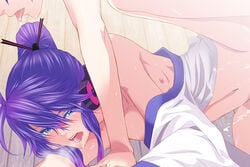 2boys anal artist_request blue_eyes blue_hair blush bottomless cry cum cum_while_penetrated femboy gakupo_kamui hair_ornament headphones japanese_clothes kaito_(vocaloid) long_hair male male_only multiple_boys nayu nude open_mouth ponytail purple_hair saliva sex spread_legs sweat tears tied_hair tongue vocaloid yaoi