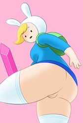 1girls adventure_time ass backpack backsack bag big_ass blonde_hair bunny_ears cartoon_network female female_focus female_only fionna_the_human_girl hair hat holding holding_weapon human looking_down no_panties pussy saulotheman shirt socks sword upskirt vagina weapon