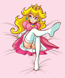 1girls blonde_hair blue_eyes crown dress elbow_gloves female gloves human lowres mario_(series) nintendo no_panties princess_peach pussy smile straight_hair super_princess_peach thighhighs