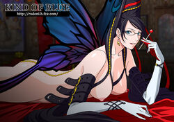 bayonetta bayonetta_(character) beauty_mark bed black_hair blue_eyes breasts butterfly butterfly_wings chains earrings glasses hair_bun jewelry lollipop long_hair lying mole nipples red_ribbon ribbon rudoni sega very_long_hair wings