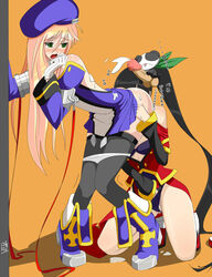 2girls beret bisexual black_hair blazblue blonde_hair blush censored cum cum_on_back cum_on_body cum_on_clothes cum_on_upper_body cunnilingus female green_eyes hand_in_panties hat kotuzui_yositune litchi_faye_ling long_hair marrow_(pixiv477513) masturbation multiple_girls noel_vermillion open_mouth oral panda panties penis red_ribbon ribbon thighhighs underwear uniform very_long_hair yuri yuri_with_male_audience