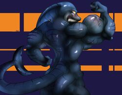 anthro biceps bodybuilder flex flexing huge_muscles large_breasts male_only muscles muscular_female shark shark_girl smile smiling tail vein veins