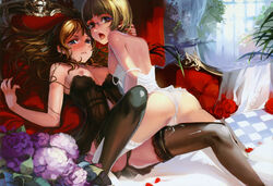 2girls alphonse_(white_datura) baroque black_panties blue_eyes blush breasts brown_eyes female frottage glasses grinding gynoid humanized lilium lingerie ll long_hair looking_back medium_breasts multiple_girls nipples open_mouth partially_clothed pussy_juice rose short_hair sound_horizon thighhighs white_panties yuri