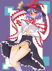 breasts dress footwear gokubuto_mayuge hat iku_nagae kneehighs large_breasts no_panties purple_hair pussy red_eyes shawl short_hair socks surprised touhou uncensored