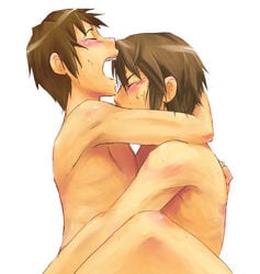 2boys anal artist_request blank_background blush brown_hair closed_eyes gay hug koizumi_itsuki kyon male male/male male_focus male_only multiple_boys nude open_mouth sex simple_background suzumiya_haruhi_no_yuuutsu sweat white_background yaoi