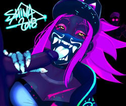 akali blacklight disembodied_penis evelynn faceless_male fellatio glowing holding_penis k/da_akali k/da_evelynn k/da_series league_of_legends mask neon penis penis_grab shina strapless strapless_top strapless_topwear tubetop