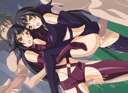 2girls 3boys black_hair censored clothed_sex clothing cum female hibiki_(sekirei) hikari_(sekirei) kaoru_seo lolita_channel long_hair male medium_breasts sekirei sex sisters stockings twins yellow_eyes