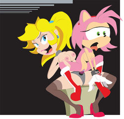 amy_rose anthro blonde_hair blue_eyes bondage breasts chains crossover cum dildo exposed_torso female footwear fur furry green_eyes hair handwear handwear_and_footwear_only hedgehog human mammal mario_(series) monkeycheese multiple_girls nintendo nude pink_fur princess_peach sex_toy sonic_(series) straight_hair strap-on tongue yuri