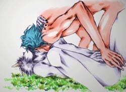 2boys anal_fingering animal_ear arrancar artist_request bleach blue_hair espada fingering grass grimmjow_jaegerjaquez hollow hollow_ichigo male multiple_boys nude on_back spiked_hair spread_legs white_hair white_skin yaoi zangetsu