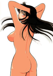 1girls artist_request ass black_hair breasts brown_eyes cat's_eye curvaceous female hitomi_kisugi human large_ass large_breasts light-skinned_female light_skin long_hair looking_at_viewer nipples nude presenting shounen_jump solo source_request standing thick_thighs white_background wide_hips year_request