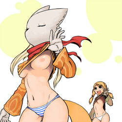 blonde_hair breast_envy breast_slip breasts final_fantasy final_fantasy_tactics final_fantasy_tactics_(original) flashing fox_mask geomancer_(fft) gloves long_hair mask midriff mime_(fft) mind_control nipples no_bra one_breast_out panties scarf shirt_lift striped striped_panties tears tied_hair tsukudani_(coke-buta) twintails underwear white_panties